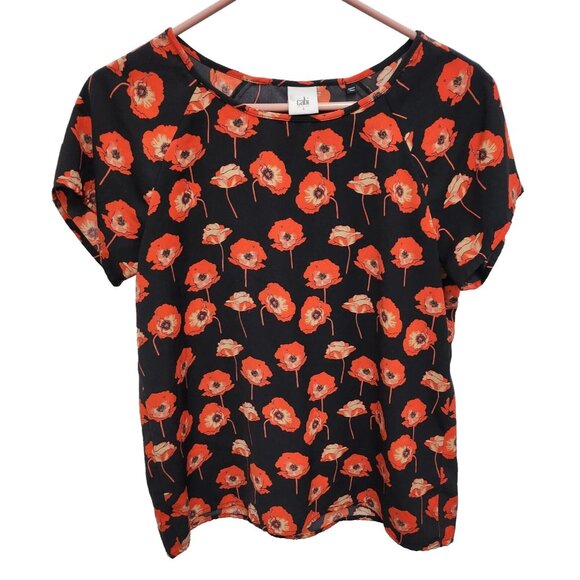 CAbi Tops - Cabi Womens‎ Flanders Blouse Small Black Red Poppy Floral Split Back Top #3251